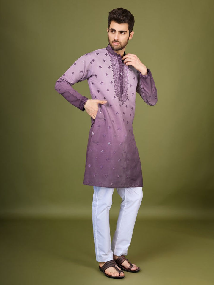PURPLE VISCOSE SILK THREAD & SEQUENCE EMBROIDERED WORK KURTA SET - qivii