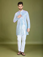 Ombre Blue Georgette Kurta With Thread & Sequins Embroidered Work