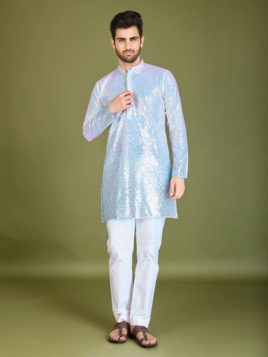 OMBRE BLUE REAL GEORGETTE THREAD & SEQUENCE EMBROIDERED WORK KURTA - qivii