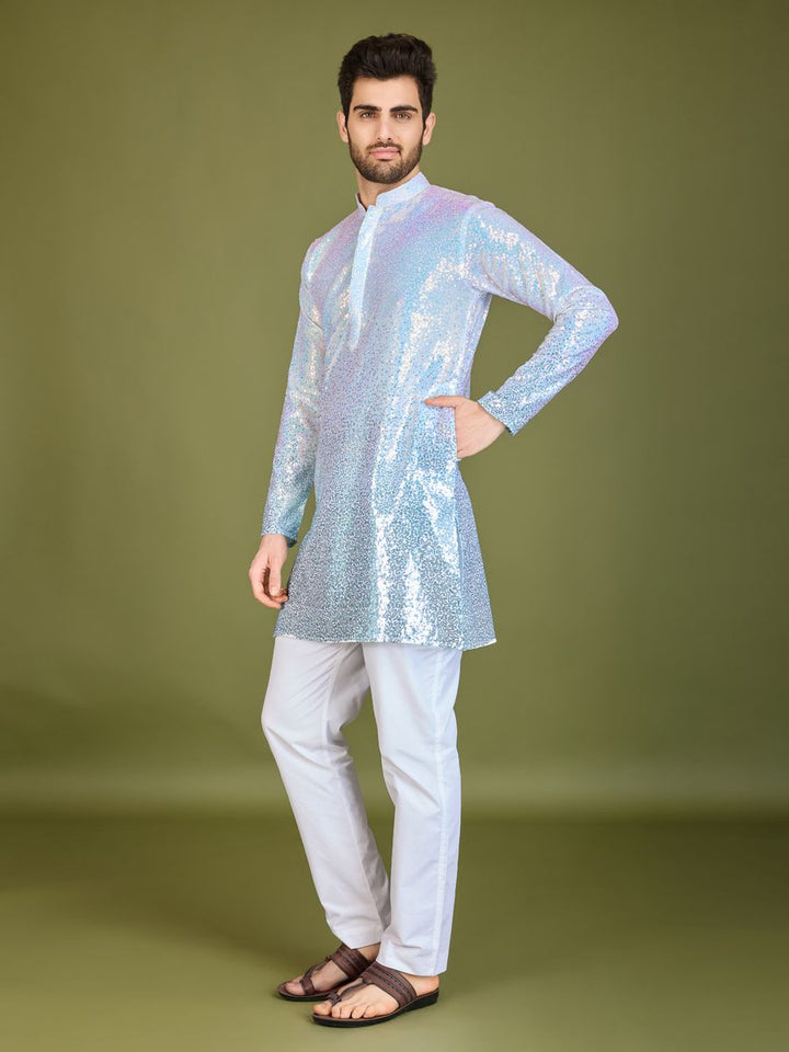 OMBRE BLUE REAL GEORGETTE THREAD & SEQUENCE EMBROIDERED WORK KURTA - qivii