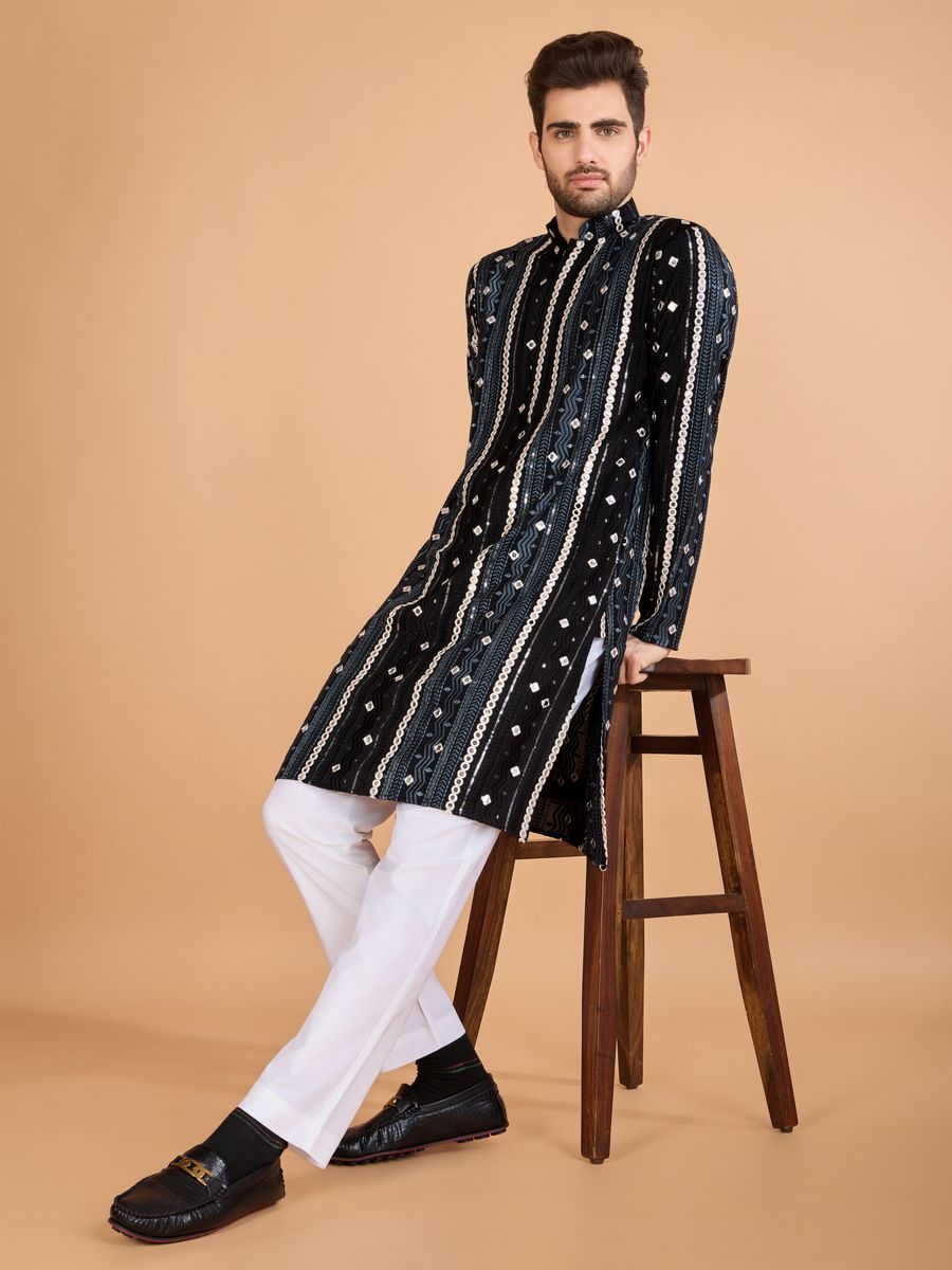 BLACK PURE VISCOSE RAYON THREAD, SEQUENCE & FOIL MIRROR EMBROIDERED WORK KURTA - qivii