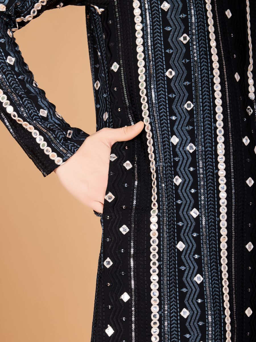 BLACK PURE VISCOSE RAYON THREAD, SEQUENCE & FOIL MIRROR EMBROIDERED WORK KURTA - qivii