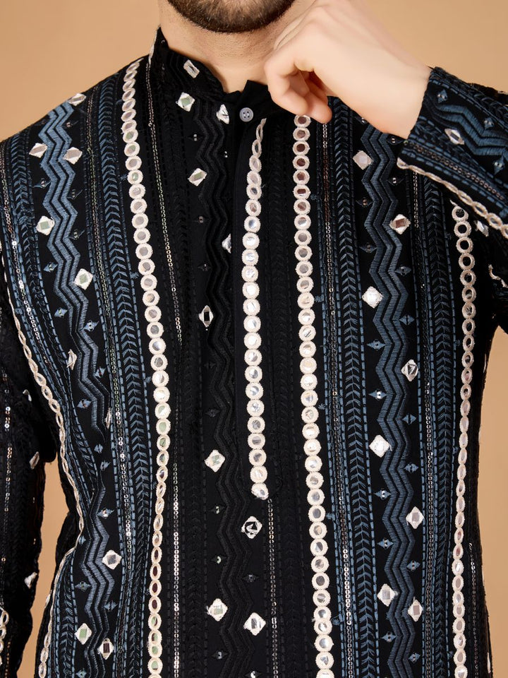 BLACK PURE VISCOSE RAYON THREAD, SEQUENCE & FOIL MIRROR EMBROIDERED WORK KURTA - qivii