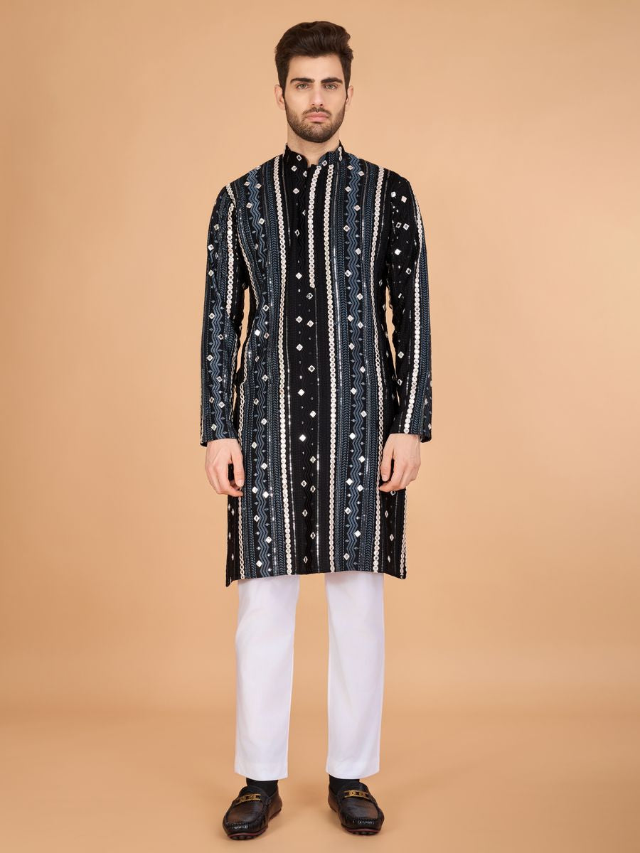 BLACK PURE VISCOSE RAYON THREAD, SEQUENCE & FOIL MIRROR EMBROIDERED WORK KURTA - qivii