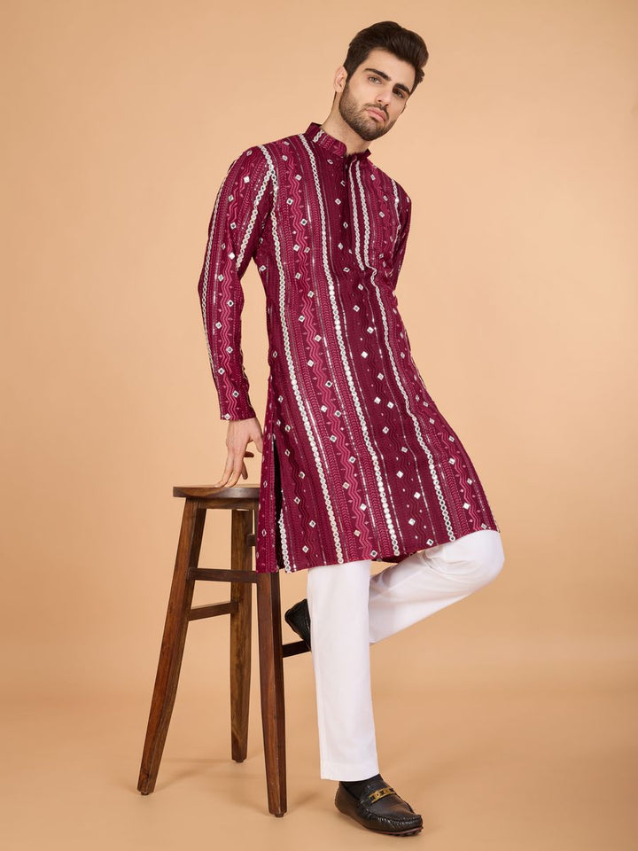 MAROON PURE VISCOSE RAYON THREAD, SEQUENCE & FOIL MIRROR EMBROIDERED WORK KURTA - qivii