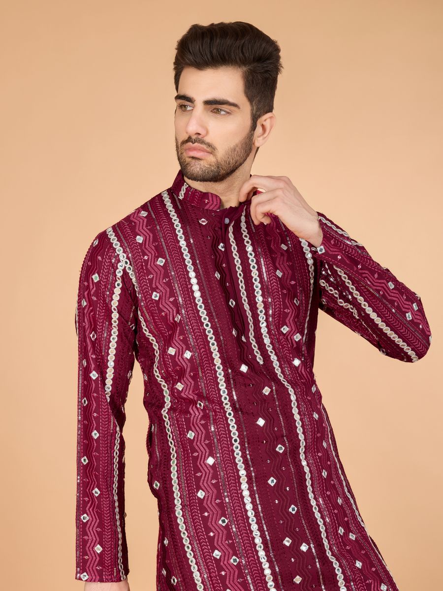 MAROON PURE VISCOSE RAYON THREAD, SEQUENCE & FOIL MIRROR EMBROIDERED WORK KURTA - qivii