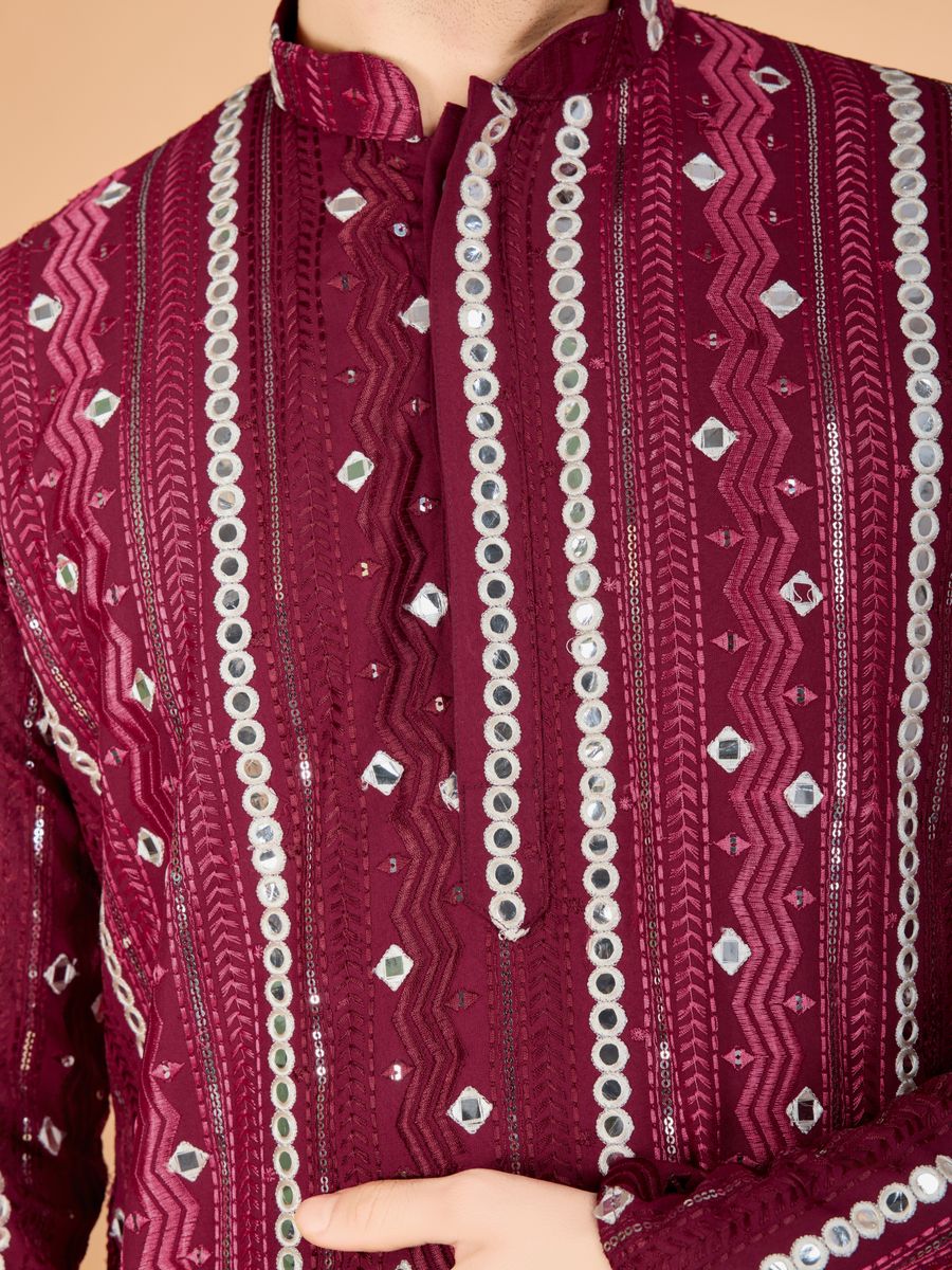 MAROON PURE VISCOSE RAYON THREAD, SEQUENCE & FOIL MIRROR EMBROIDERED WORK KURTA - qivii