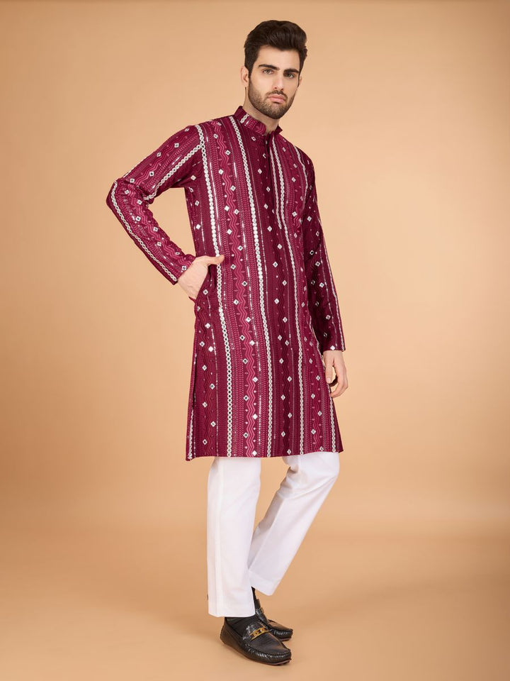 MAROON PURE VISCOSE RAYON THREAD, SEQUENCE & FOIL MIRROR EMBROIDERED WORK KURTA - qivii