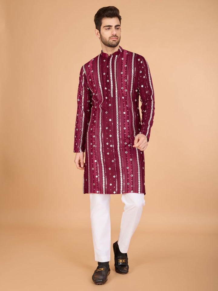 MAROON PURE VISCOSE RAYON THREAD, SEQUENCE & FOIL MIRROR EMBROIDERED WORK KURTA - qivii