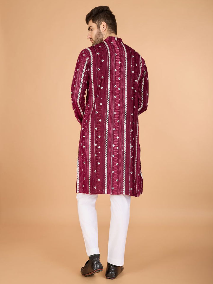 MAROON PURE VISCOSE RAYON THREAD, SEQUENCE & FOIL MIRROR EMBROIDERED WORK KURTA - qivii
