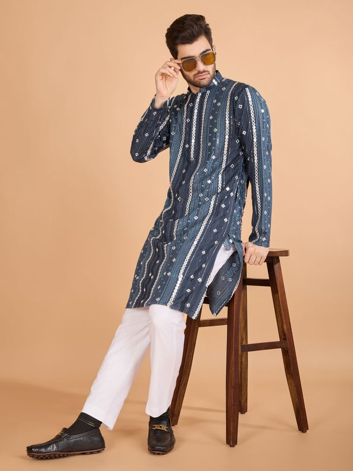 GREY PURE VISCOSE RAYON THREAD, SEQUENCE & FOIL MIRROR EMBROIDERED WORK KURTA - qivii