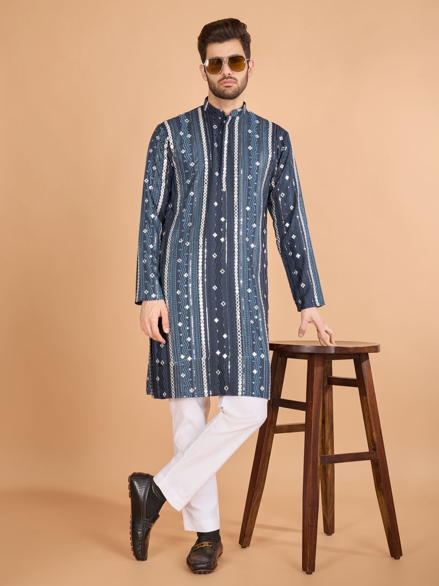 GREY PURE VISCOSE RAYON THREAD, SEQUENCE & FOIL MIRROR EMBROIDERED WORK KURTA - qivii