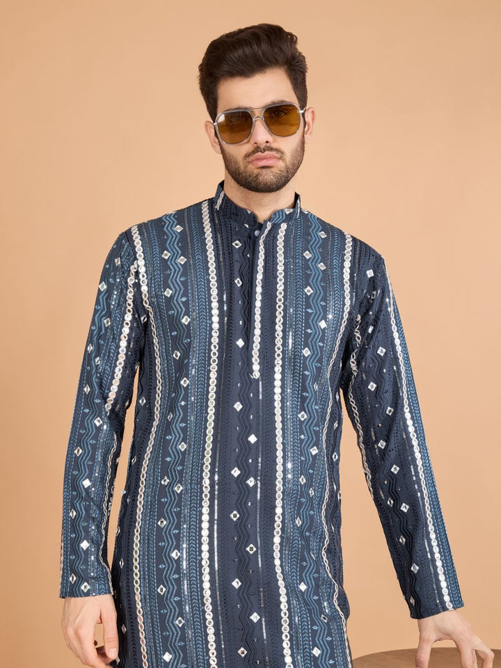GREY PURE VISCOSE RAYON THREAD, SEQUENCE & FOIL MIRROR EMBROIDERED WORK KURTA - qivii