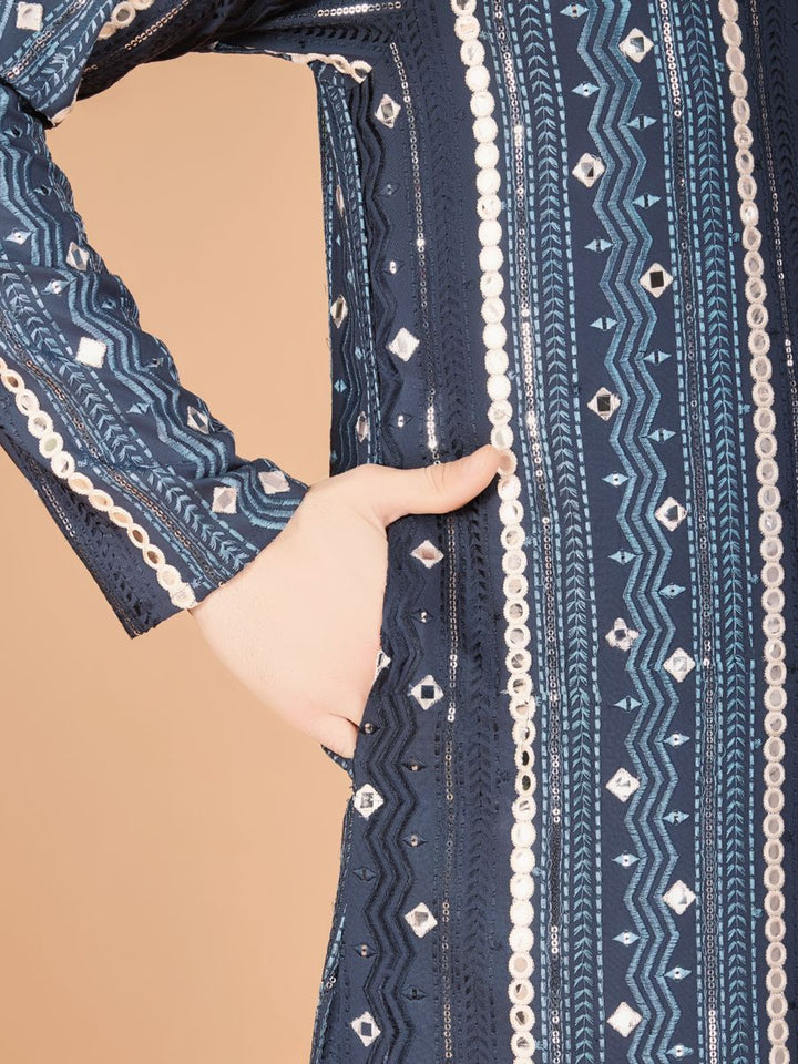 GREY PURE VISCOSE RAYON THREAD, SEQUENCE & FOIL MIRROR EMBROIDERED WORK KURTA - qivii