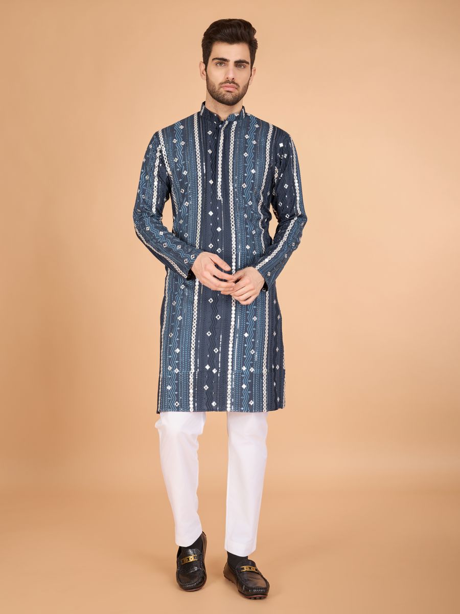 GREY PURE VISCOSE RAYON THREAD, SEQUENCE & FOIL MIRROR EMBROIDERED WORK KURTA - qivii