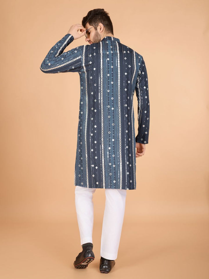 GREY PURE VISCOSE RAYON THREAD, SEQUENCE & FOIL MIRROR EMBROIDERED WORK KURTA - qivii