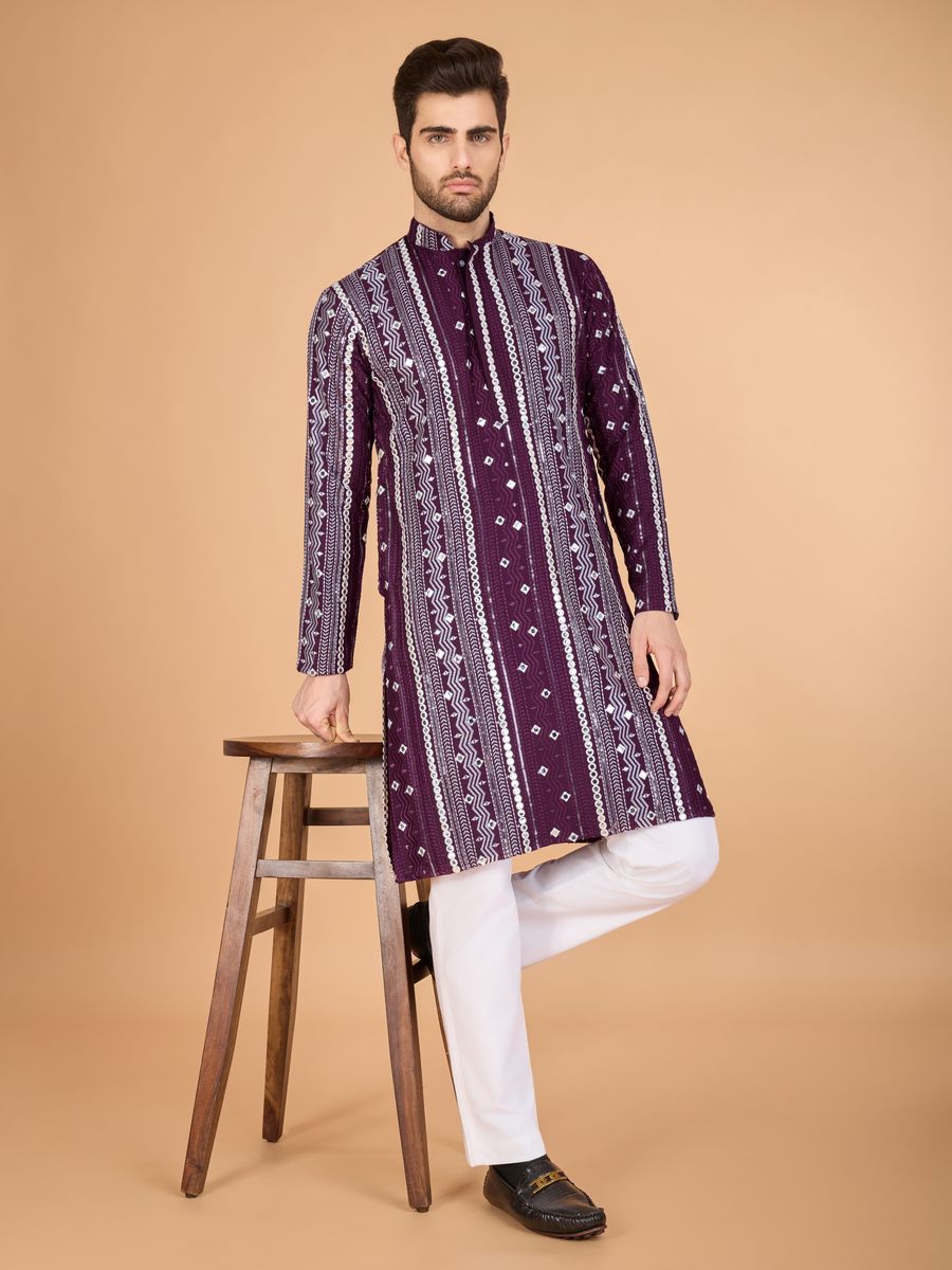 PURPLE PURE VISCOSE RAYON THREAD, SEQUENCE & FOIL MIRROR EMBROIDERED WORK KURTA - qivii