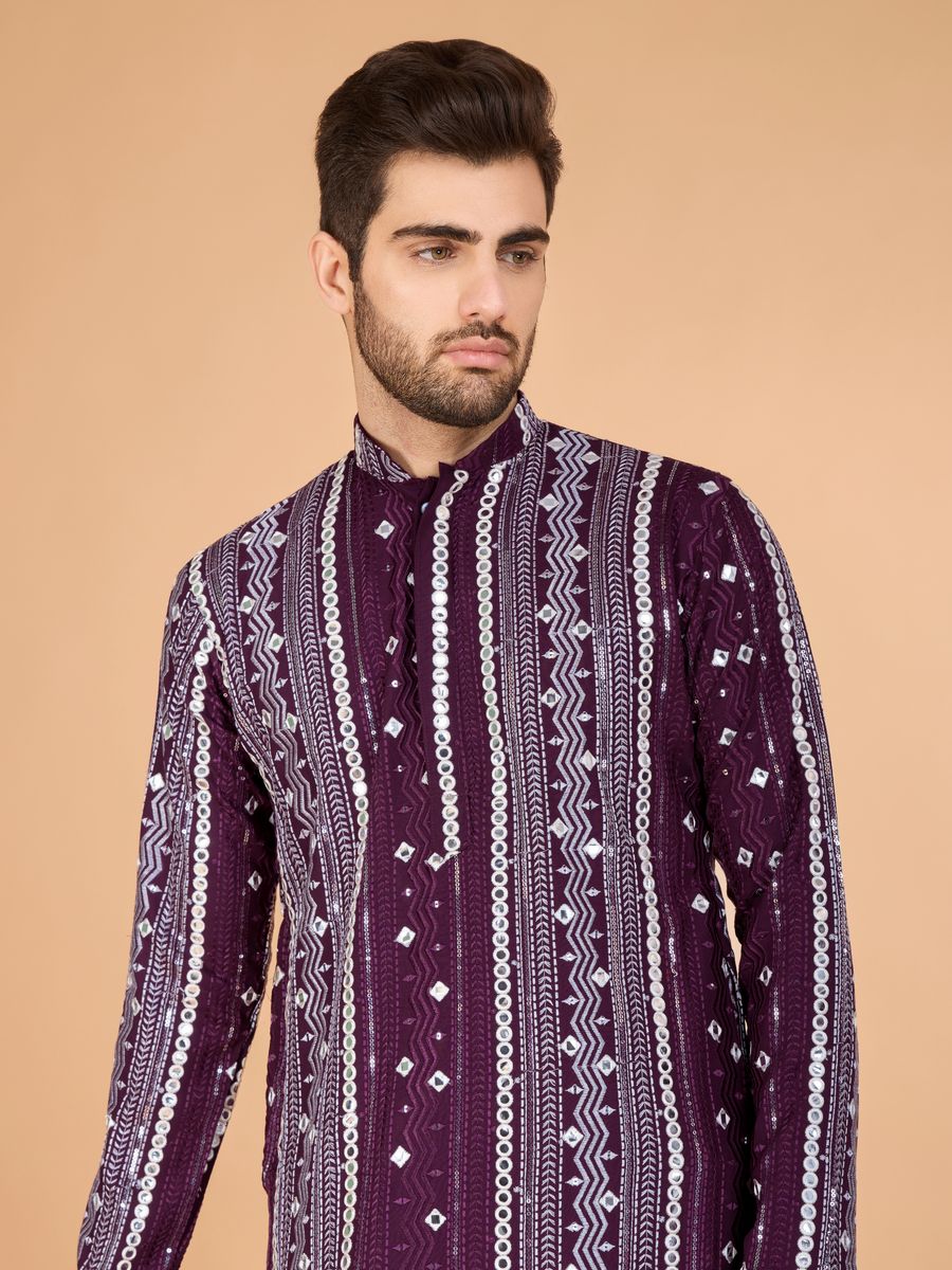 PURPLE PURE VISCOSE RAYON THREAD, SEQUENCE & FOIL MIRROR EMBROIDERED WORK KURTA - qivii