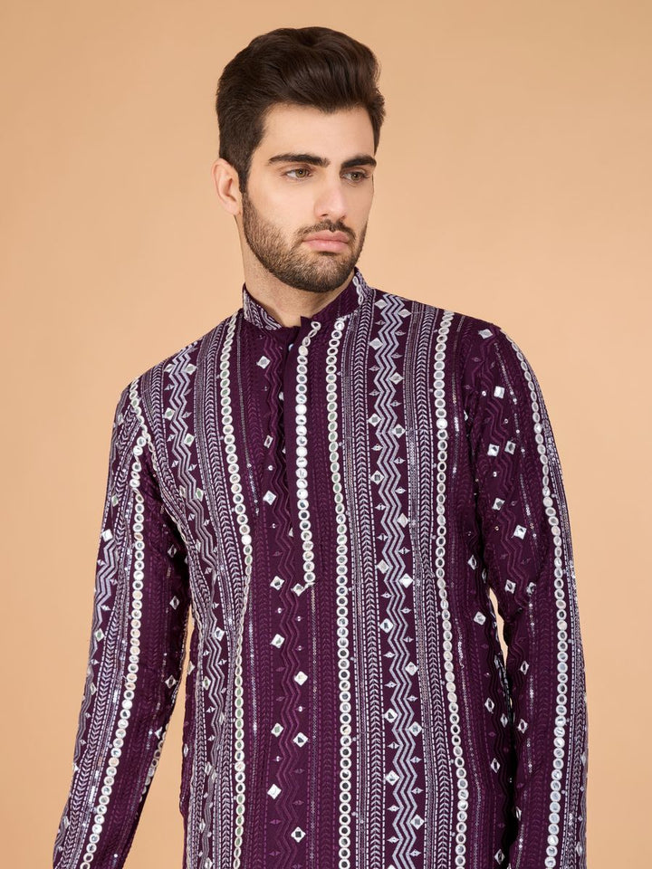 PURPLE PURE VISCOSE RAYON THREAD, SEQUENCE & FOIL MIRROR EMBROIDERED WORK KURTA - qivii