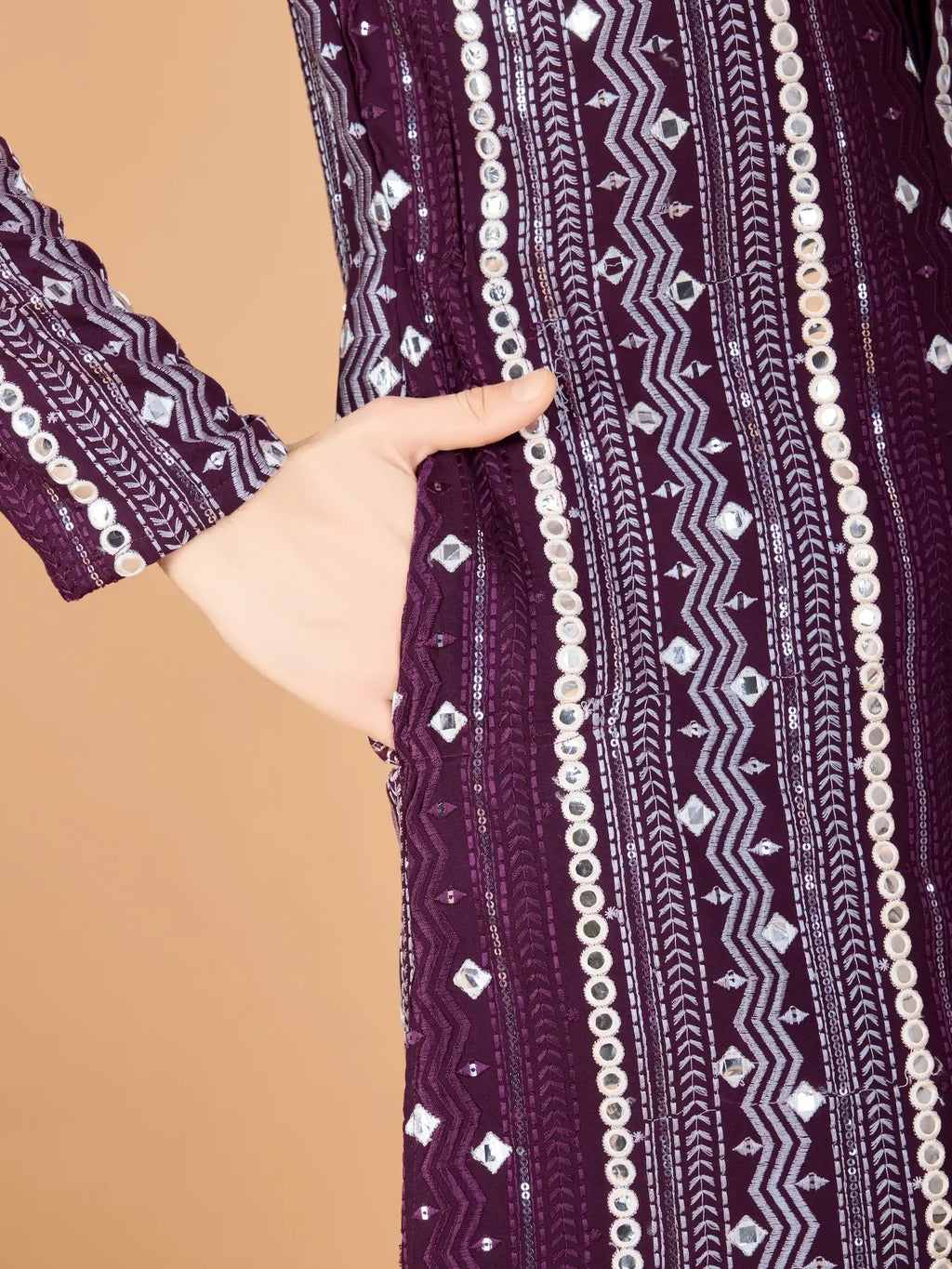 Purple Rayon Kurta With Thread, Sequins & Foil Mirror Embroidered Work