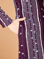 Purple Rayon Kurta With Thread, Sequins & Foil Mirror Embroidered Work