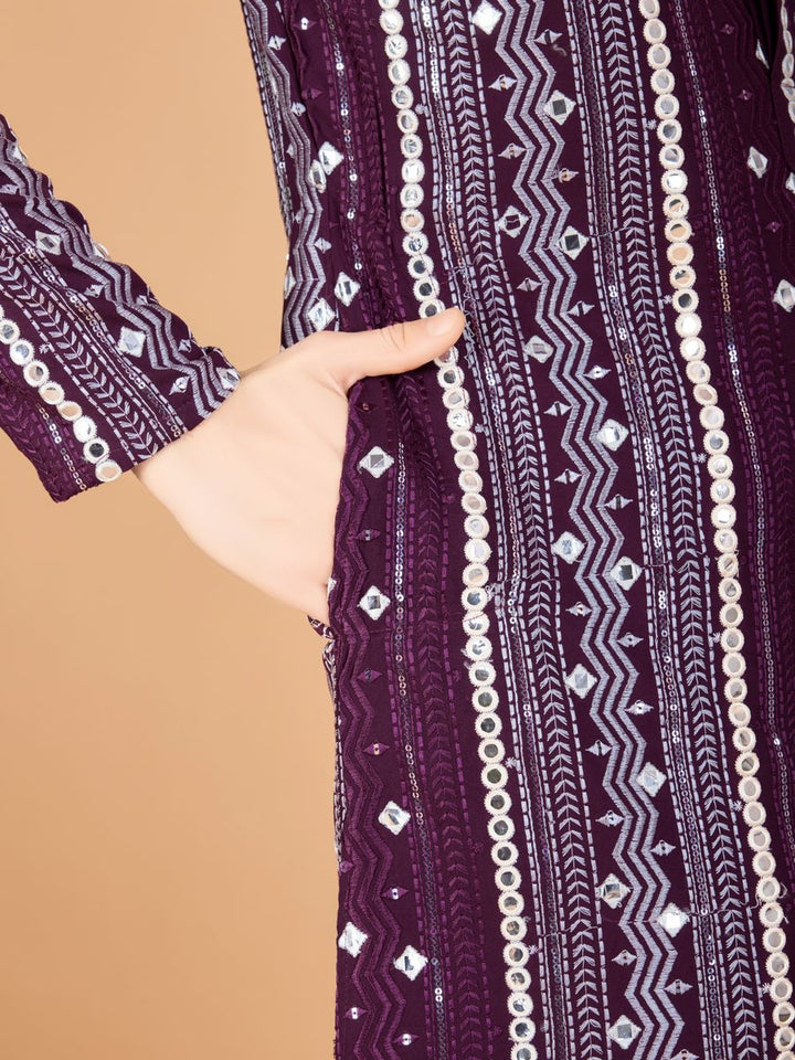PURPLE PURE VISCOSE RAYON THREAD, SEQUENCE & FOIL MIRROR EMBROIDERED WORK KURTA - qivii