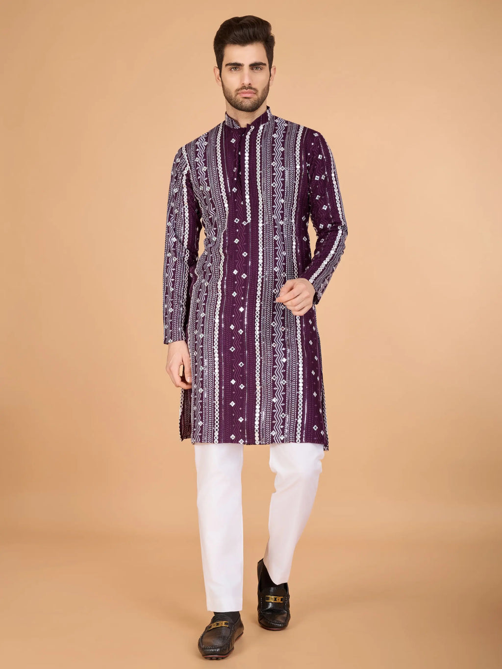 Purple Rayon Kurta With Thread, Sequins & Foil Mirror Embroidered Work