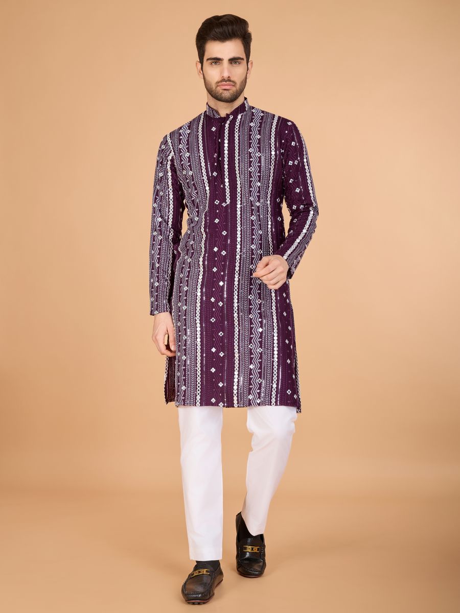 PURPLE PURE VISCOSE RAYON THREAD, SEQUENCE & FOIL MIRROR EMBROIDERED WORK KURTA - qivii