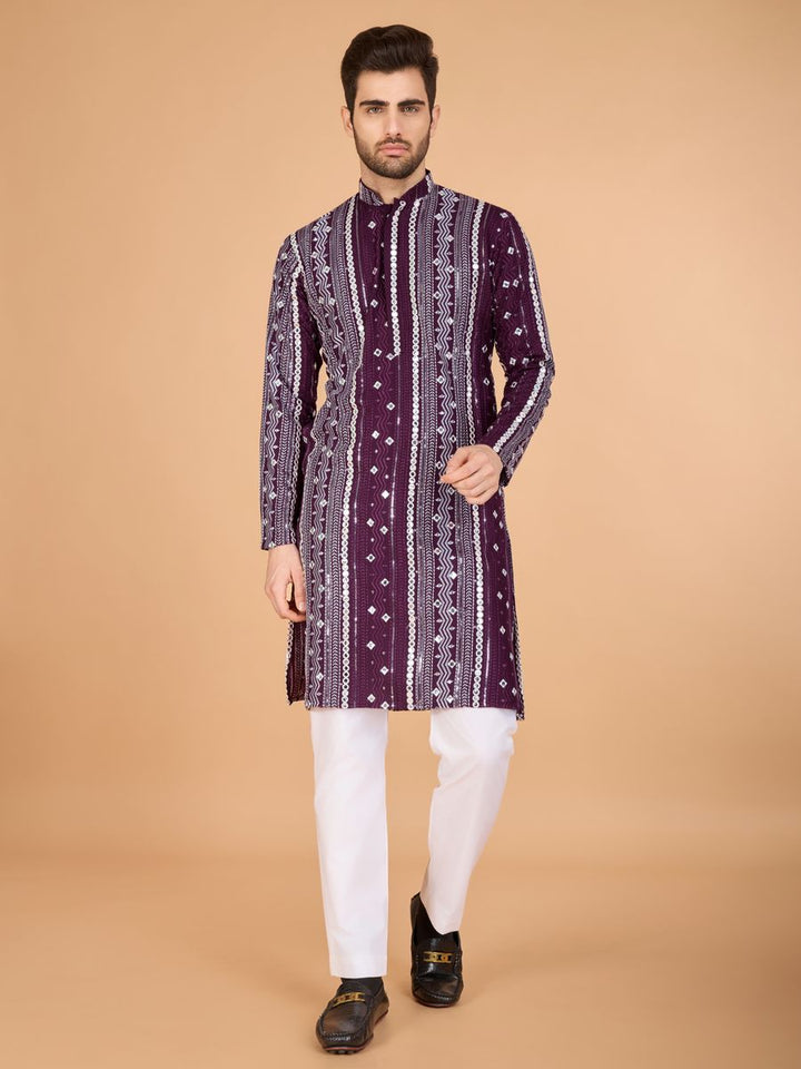 PURPLE PURE VISCOSE RAYON THREAD, SEQUENCE & FOIL MIRROR EMBROIDERED WORK KURTA - qivii