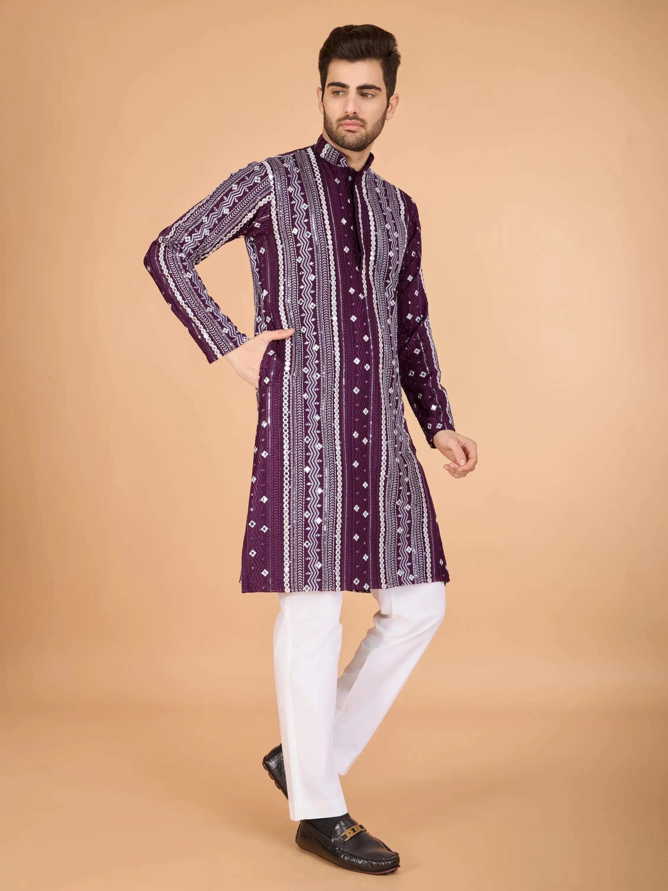 Purple Rayon Kurta With Thread, Sequins & Foil Mirror Embroidered Work