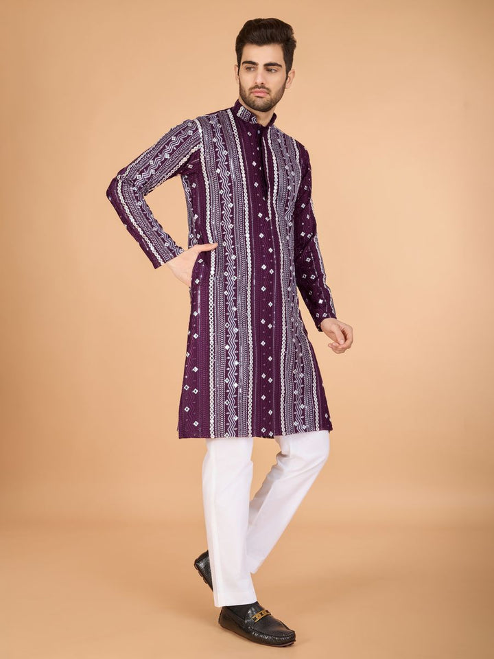 PURPLE PURE VISCOSE RAYON THREAD, SEQUENCE & FOIL MIRROR EMBROIDERED WORK KURTA - qivii