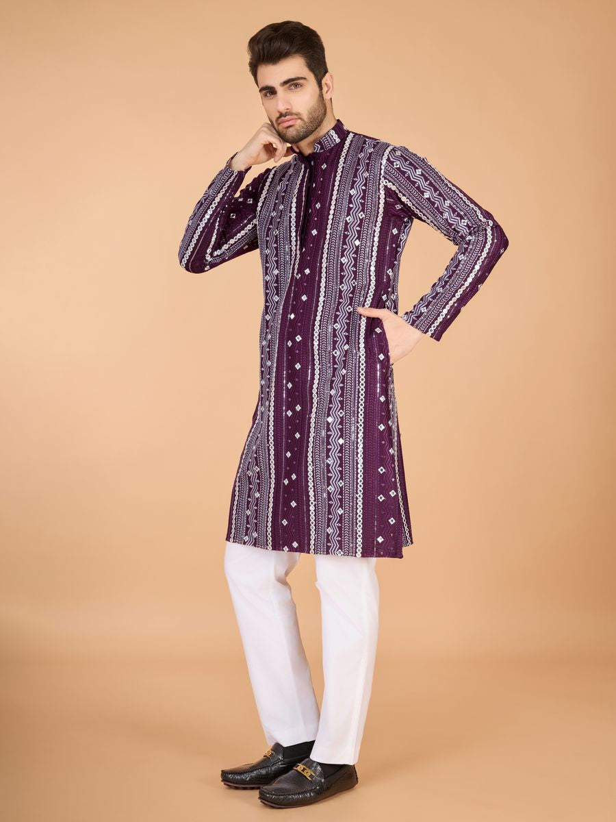 PURPLE PURE VISCOSE RAYON THREAD, SEQUENCE & FOIL MIRROR EMBROIDERED WORK KURTA - qivii