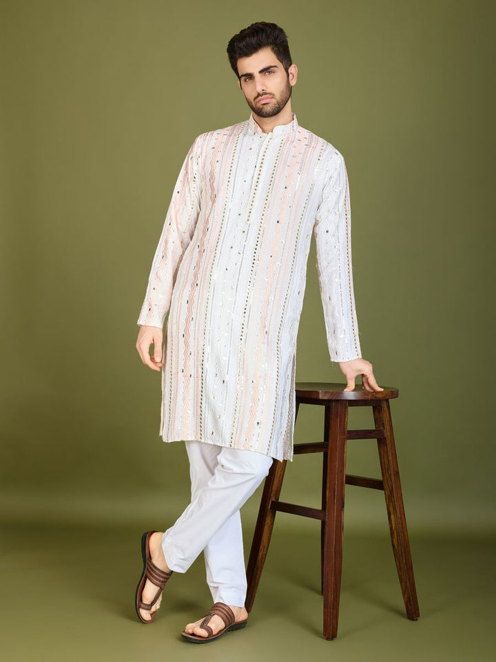 WHITE PURE VISCOSE RAYON THREAD, SEQUENCE & FOIL MIRROR EMBROIDERED WORK KURTA - qivii