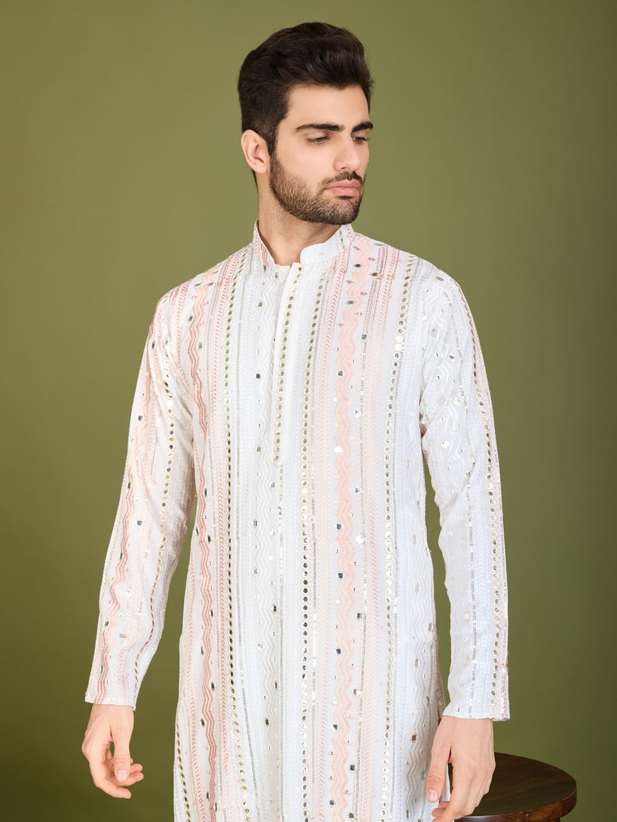WHITE PURE VISCOSE RAYON THREAD, SEQUENCE & FOIL MIRROR EMBROIDERED WORK KURTA - qivii