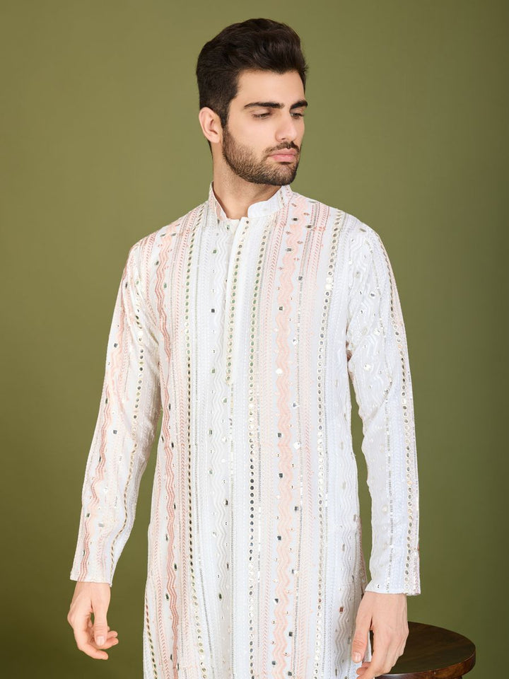 WHITE PURE VISCOSE RAYON THREAD, SEQUENCE & FOIL MIRROR EMBROIDERED WORK KURTA - qivii