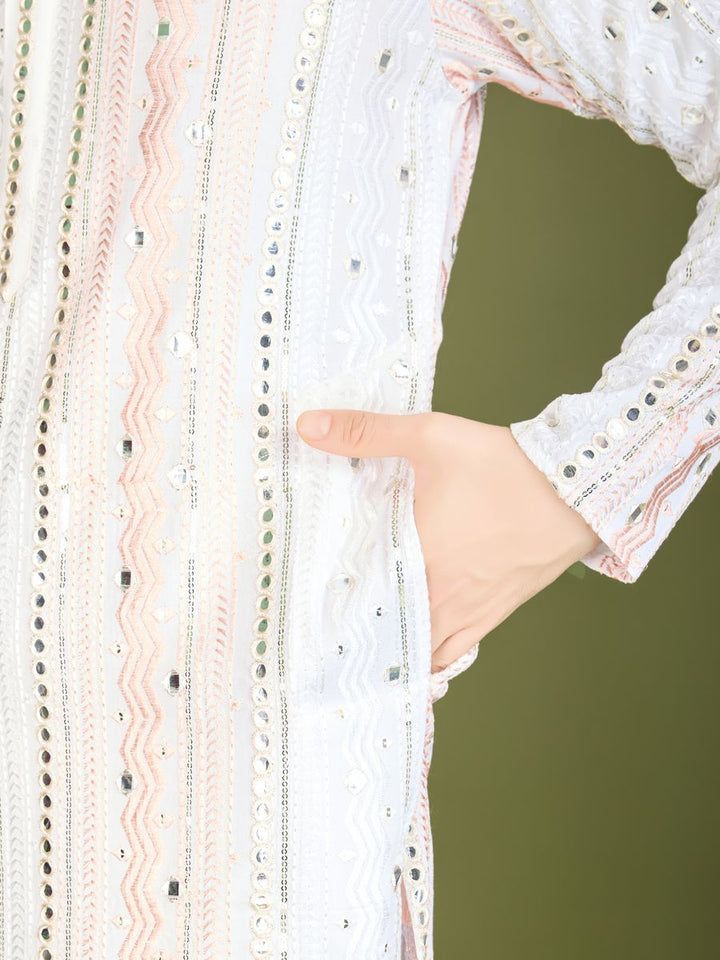 WHITE PURE VISCOSE RAYON THREAD, SEQUENCE & FOIL MIRROR EMBROIDERED WORK KURTA - qivii