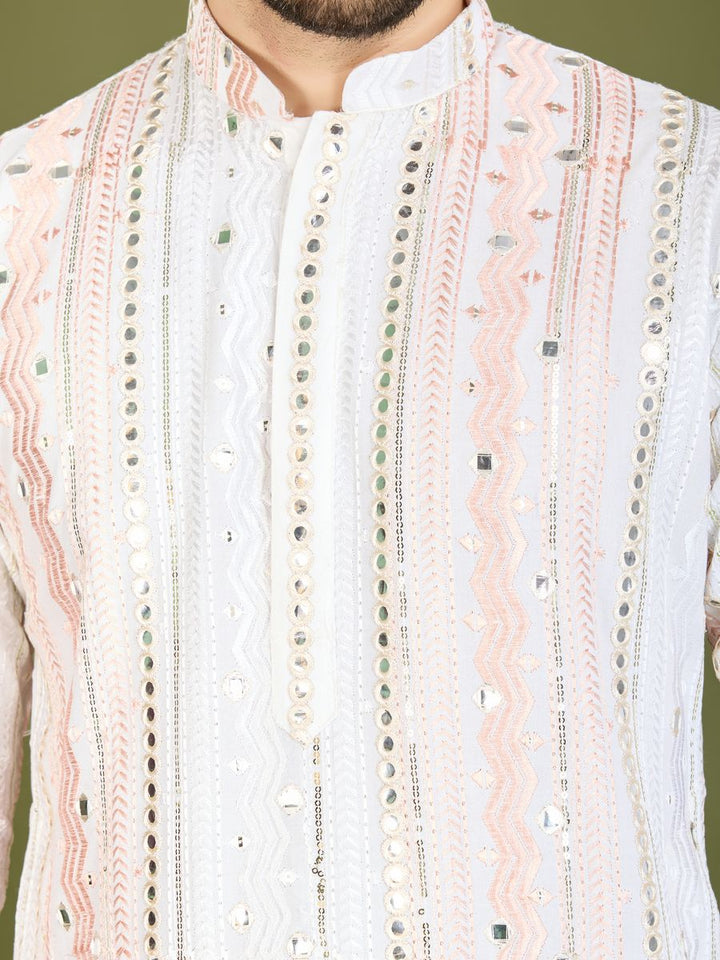 WHITE PURE VISCOSE RAYON THREAD, SEQUENCE & FOIL MIRROR EMBROIDERED WORK KURTA - qivii