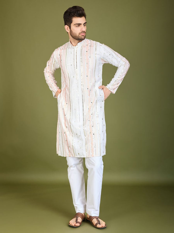 WHITE PURE VISCOSE RAYON THREAD, SEQUENCE & FOIL MIRROR EMBROIDERED WORK KURTA - qivii