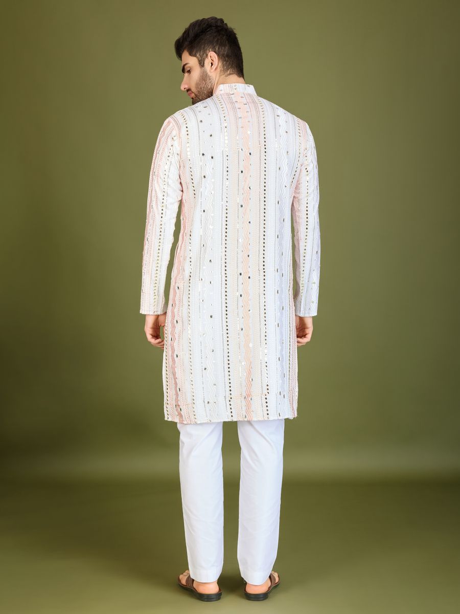 WHITE PURE VISCOSE RAYON THREAD, SEQUENCE & FOIL MIRROR EMBROIDERED WORK KURTA - qivii