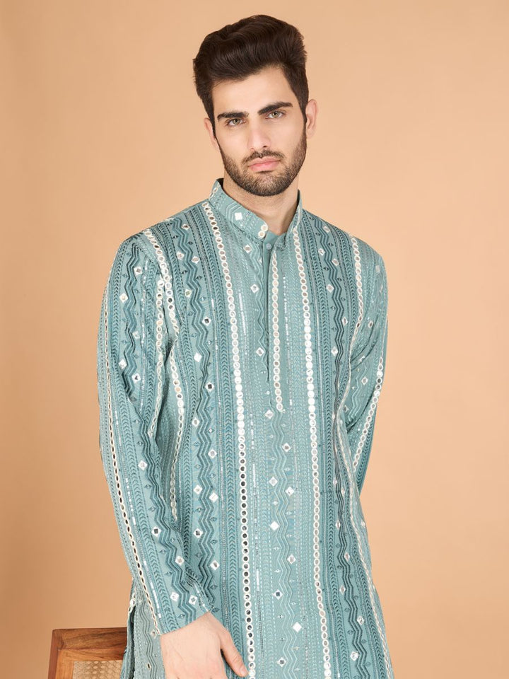 PISTA PURE VISCOSE RAYON THREAD, SEQUENCE & FOIL MIRROR EMBROIDERED WORK KURTA - qivii