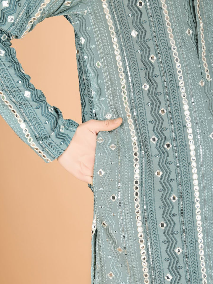 PISTA PURE VISCOSE RAYON THREAD, SEQUENCE & FOIL MIRROR EMBROIDERED WORK KURTA - qivii