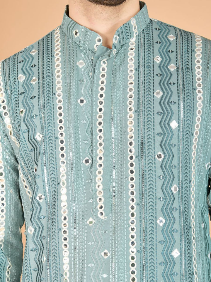 PISTA PURE VISCOSE RAYON THREAD, SEQUENCE & FOIL MIRROR EMBROIDERED WORK KURTA - qivii