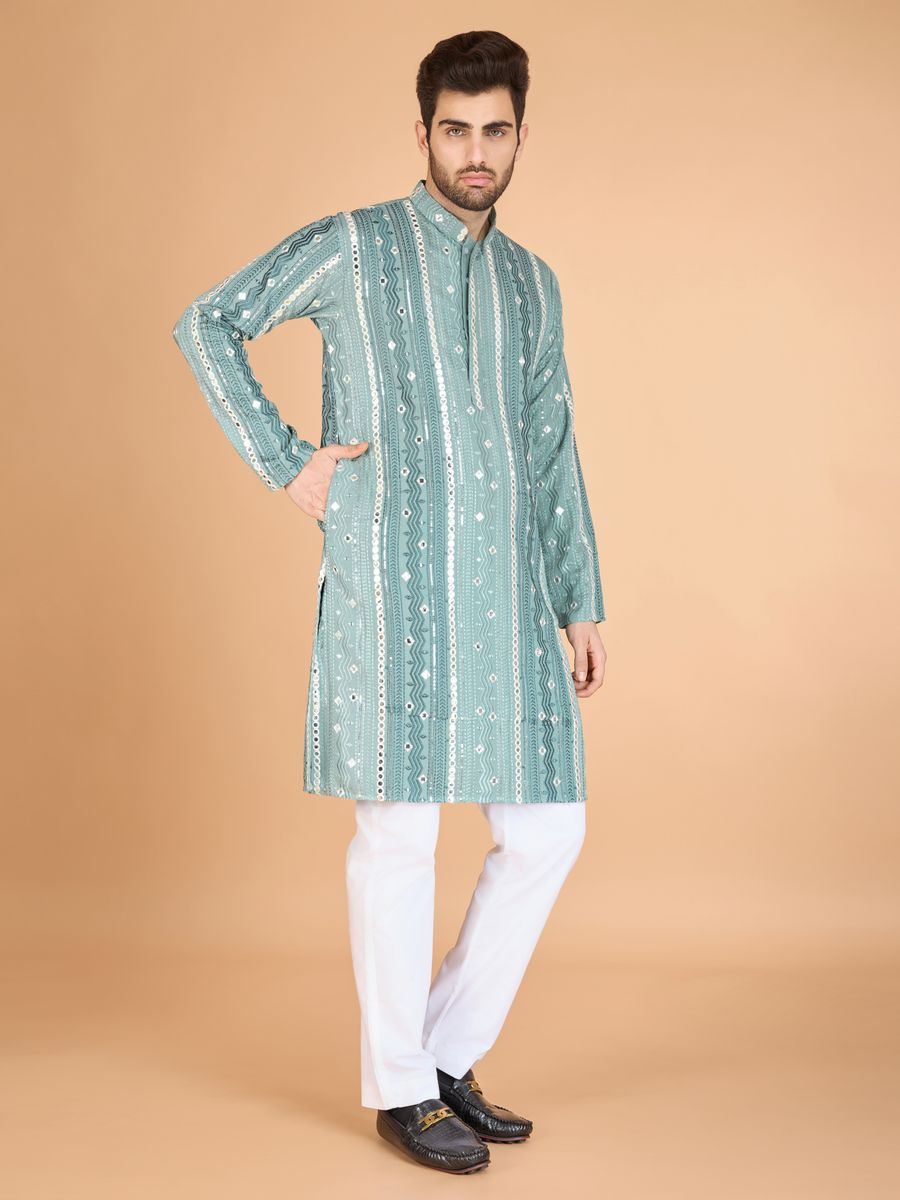 PISTA PURE VISCOSE RAYON THREAD, SEQUENCE & FOIL MIRROR EMBROIDERED WORK KURTA - qivii