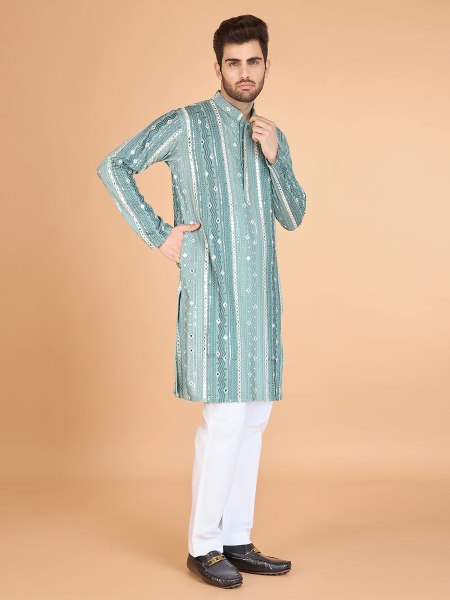 PISTA PURE VISCOSE RAYON THREAD, SEQUENCE & FOIL MIRROR EMBROIDERED WORK KURTA - qivii