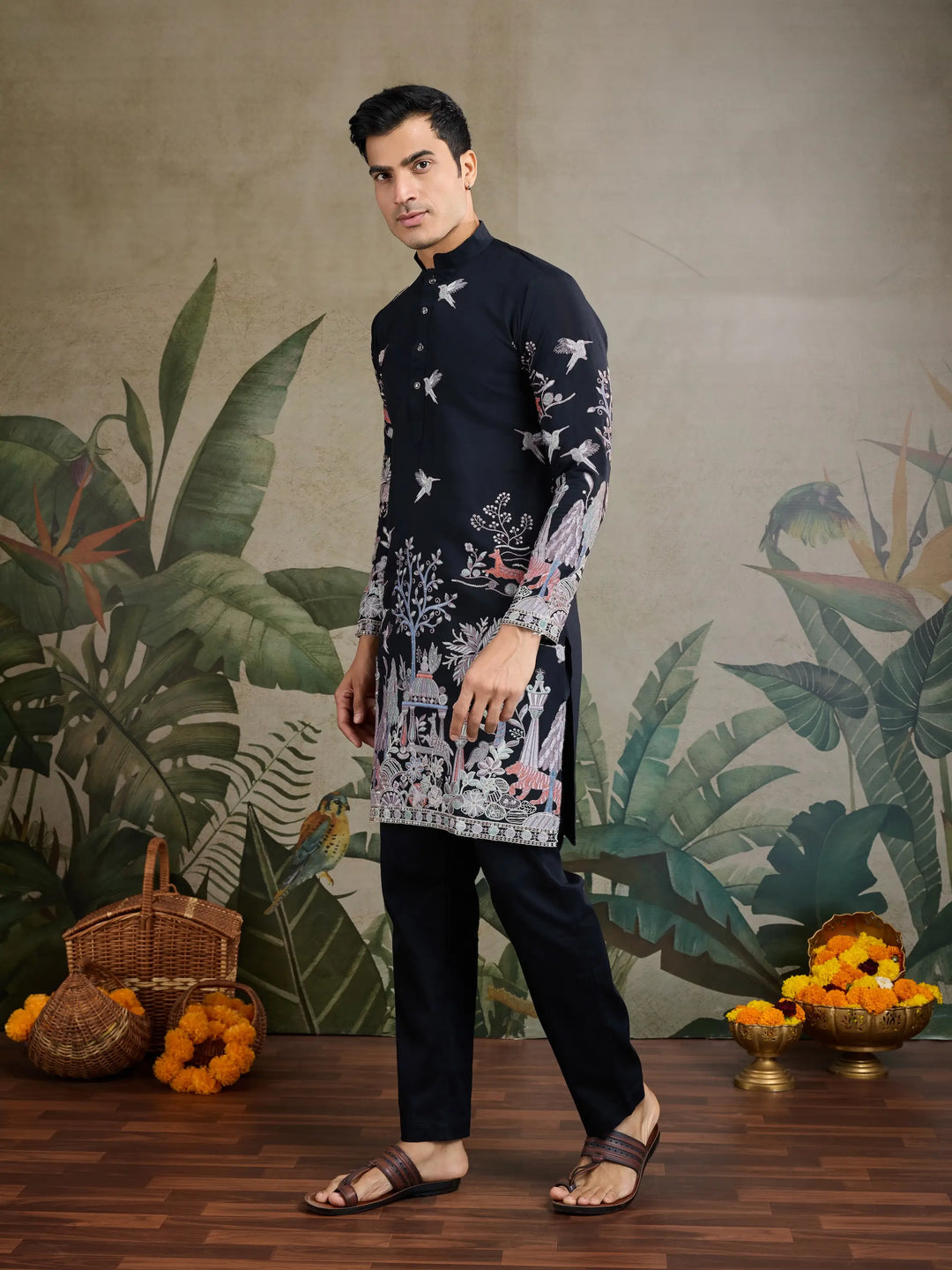 Black Viscose Silk Thread & Sequence Embroidered Work Kurta With Pant - qivii