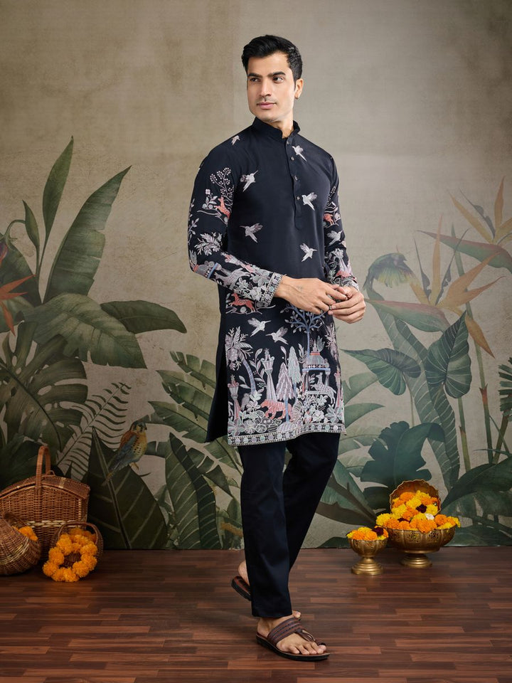 BLACK VISCOSE SILK THREAD & SEQUENCE EMBROIDERED WORK KURTA - qivii
