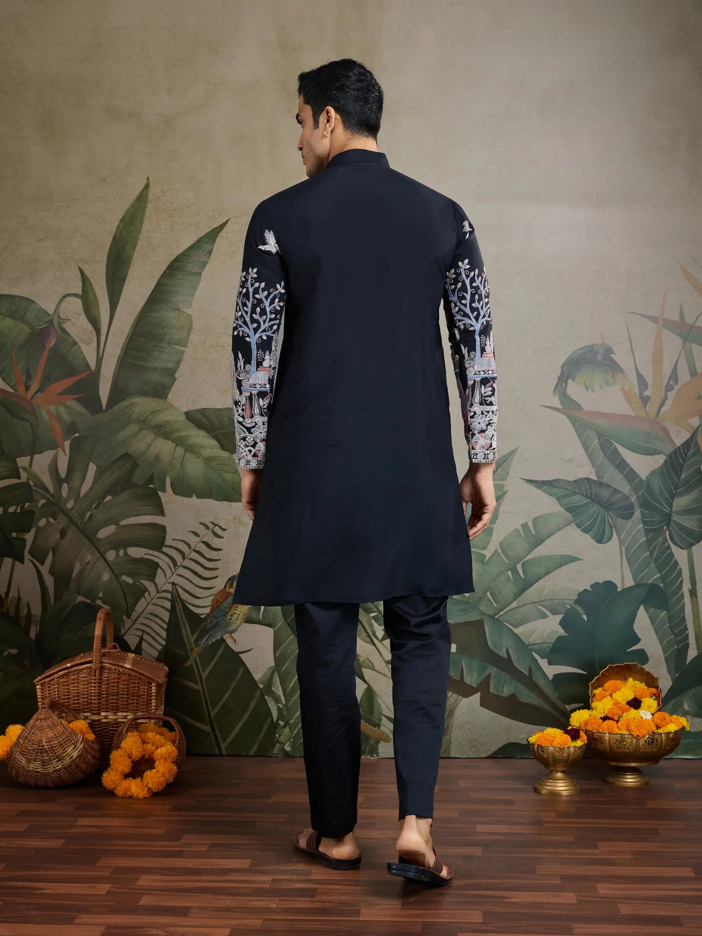 Black Viscose Silk Thread & Sequence Embroidered Work Kurta With Pant