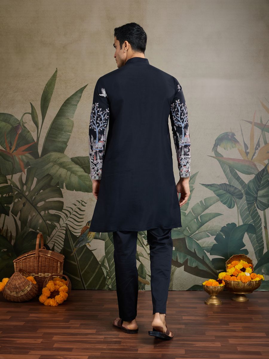 BLACK VISCOSE SILK THREAD & SEQUENCE EMBROIDERED WORK KURTA - qivii