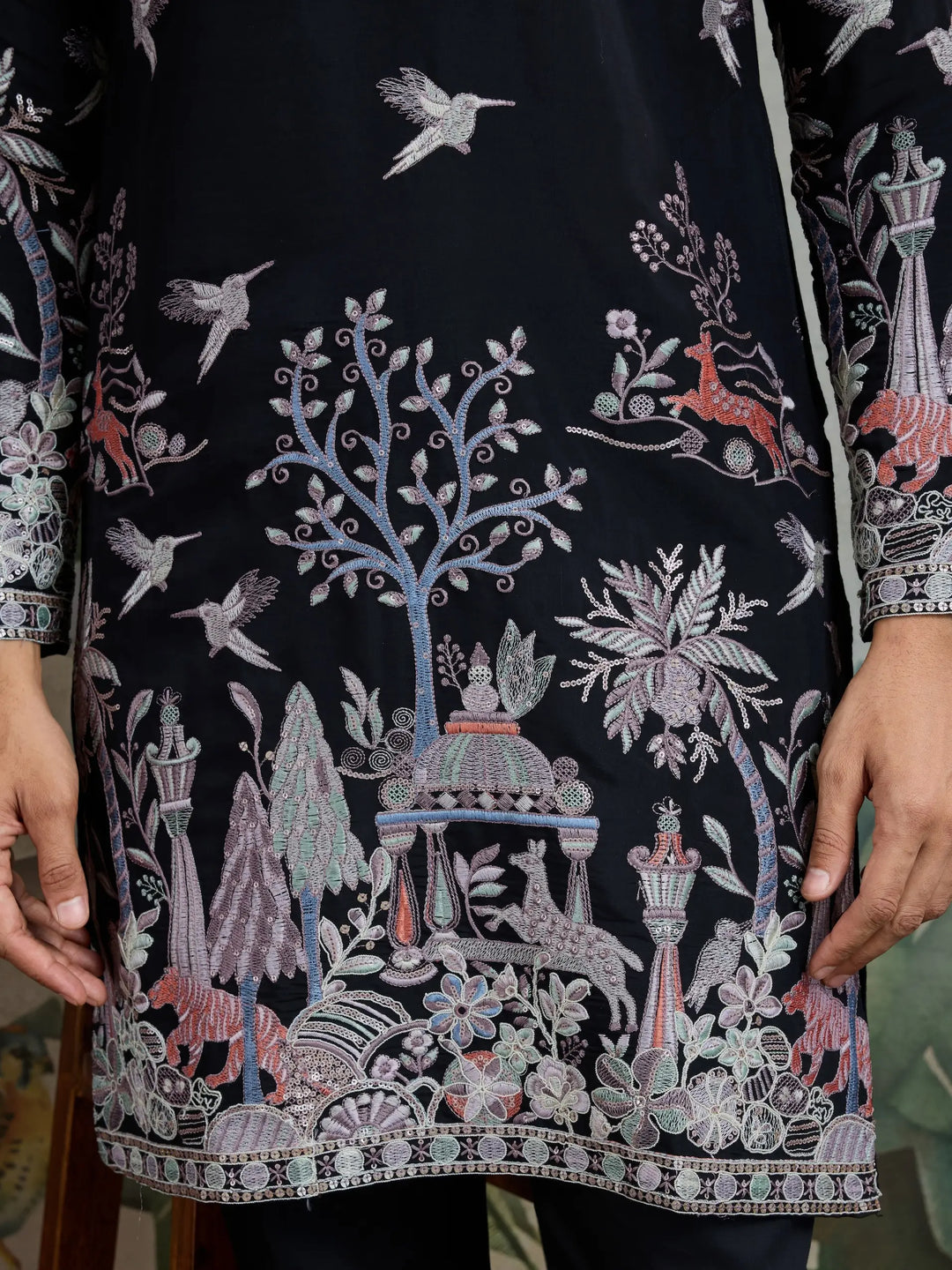 Black Viscose Silk Thread & Sequence Embroidered Work Kurta With Pant - qivii