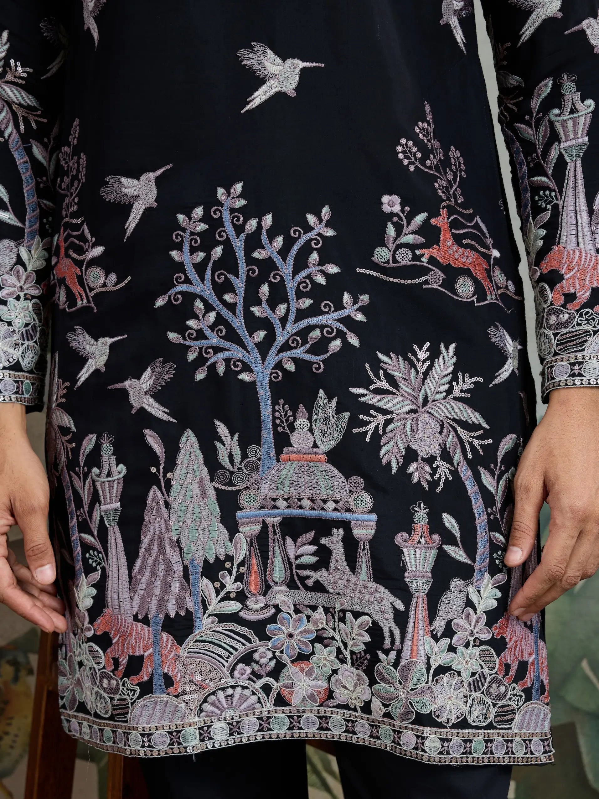 Black Viscose Silk Thread & Sequence Embroidered Work Kurta With Pant